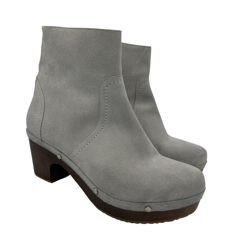 AZZUL Grey Suede Leather Wood Clog Boot Handmade in Portugal Sz 38 Boho Artisan